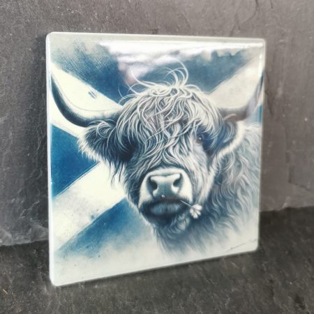 Highland Cow with Scottish Flag Ceramic Coaster, Gift, gift ideas, present