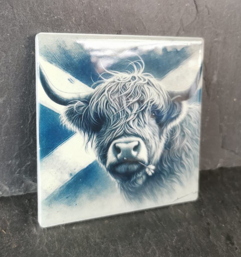 Highland Cow with Scottish Flag Ceramic Coaster, Gift, gift ideas, present
