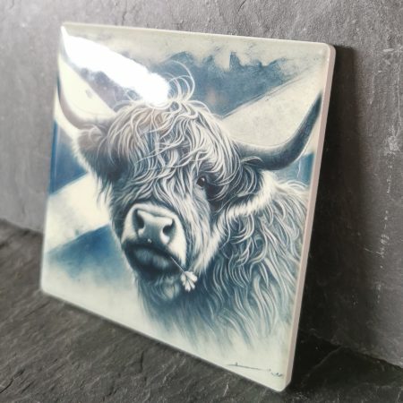 Highland Cow with Scottish Flag Ceramic Coaster, Gift, gift ideas, present