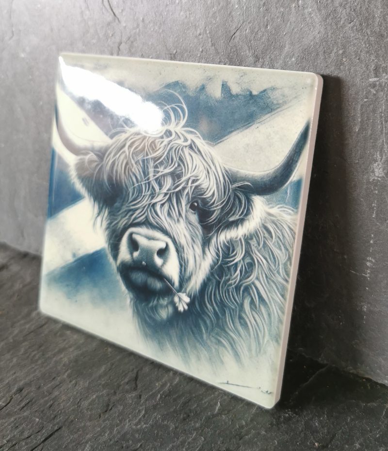 Highland Cow with Scottish Flag Ceramic Coaster, Gift, gift ideas, present