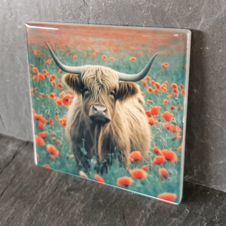 Highland Cow in a Poppy Field Ceramic Coaster, Gift, gift ideas, present