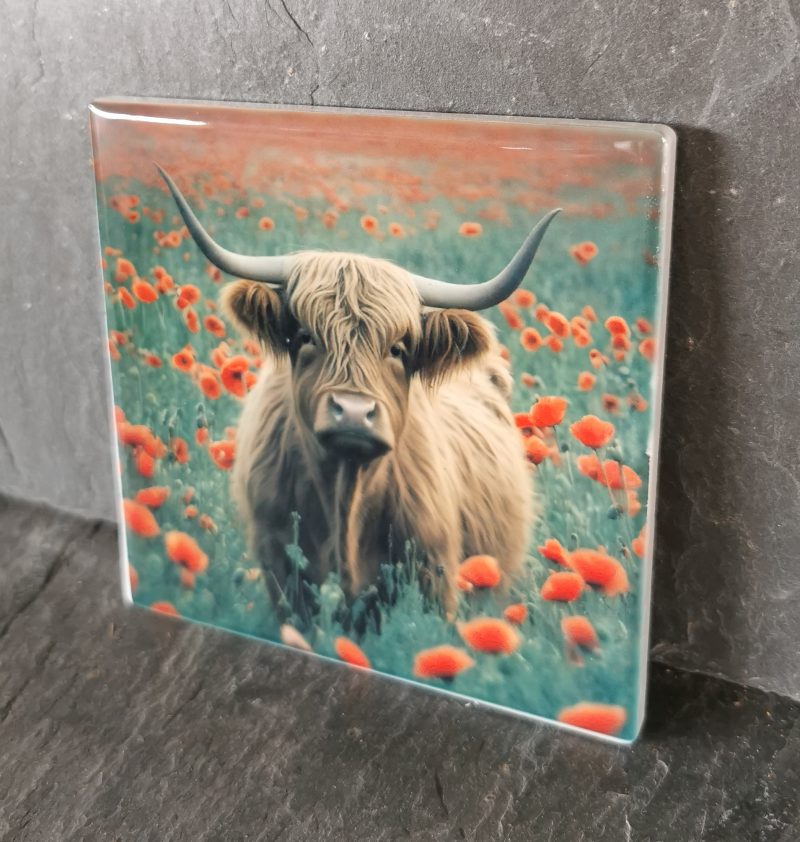 Highland Cow in a Poppy Field Ceramic Coaster, Gift, gift ideas, present