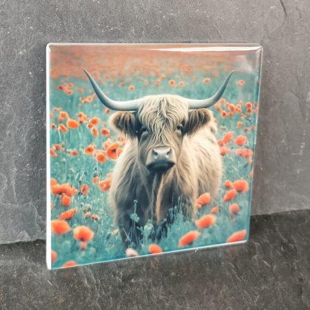 Highland Cow in a Poppy Field Ceramic Coaster, Gift, gift ideas, present