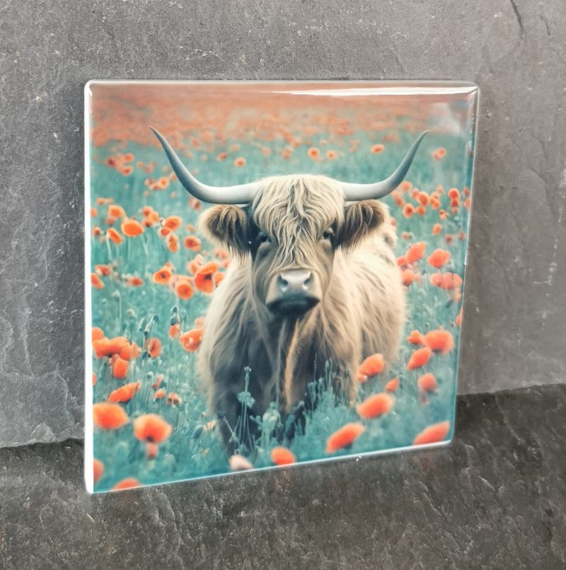 Highland Cow in a Poppy Field Ceramic Coaster, Gift, gift ideas, present