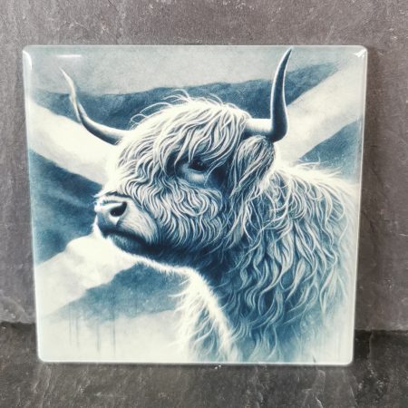 Highland Cow with Scottish Flag Ceramic Coaster, Gift, gift ideas, present