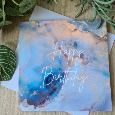 Alcohol ink print birthday card blue and gold
