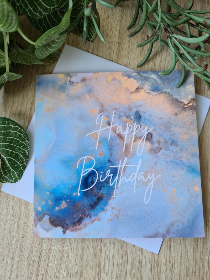 Alcohol ink print birthday card blue and gold