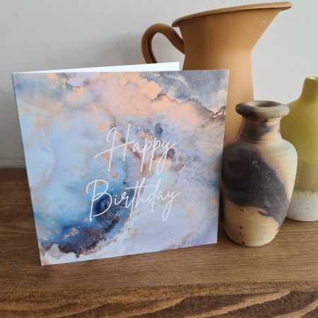 Alcohol ink print birthday card blue and gold