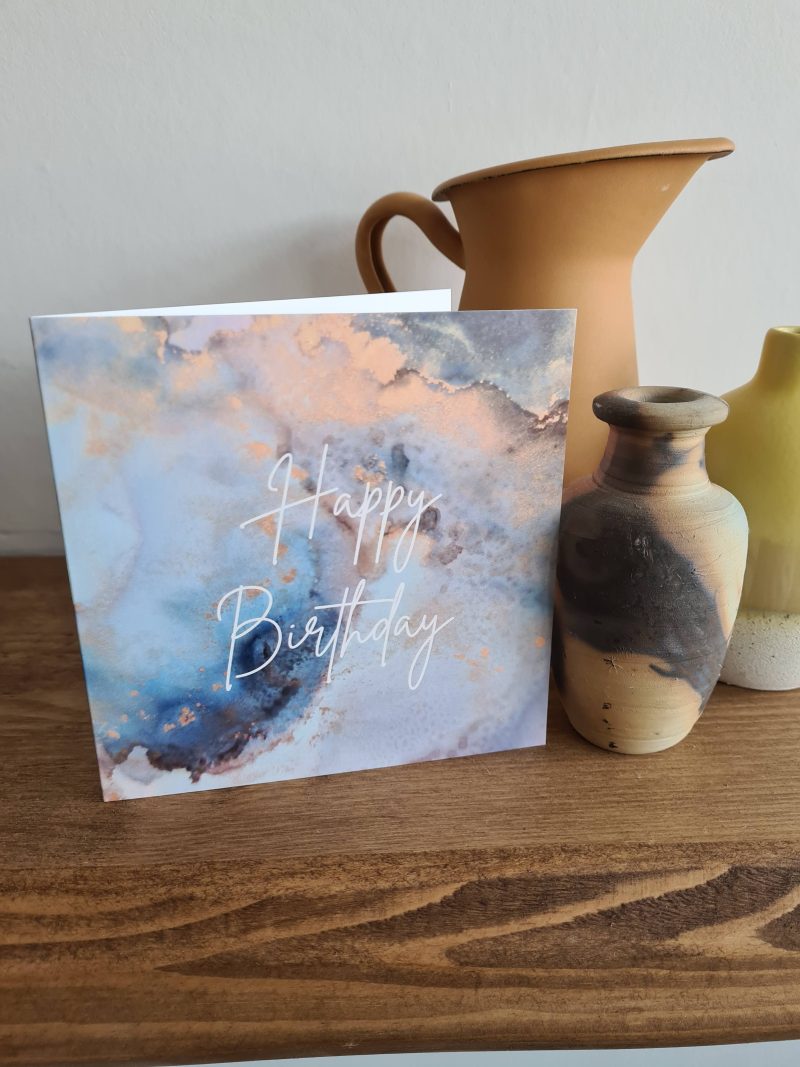 Alcohol ink print birthday card blue and gold