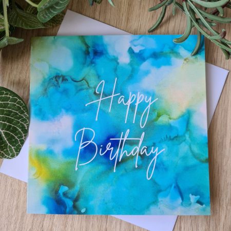 Alcohol ink print birthday card blue green yellow