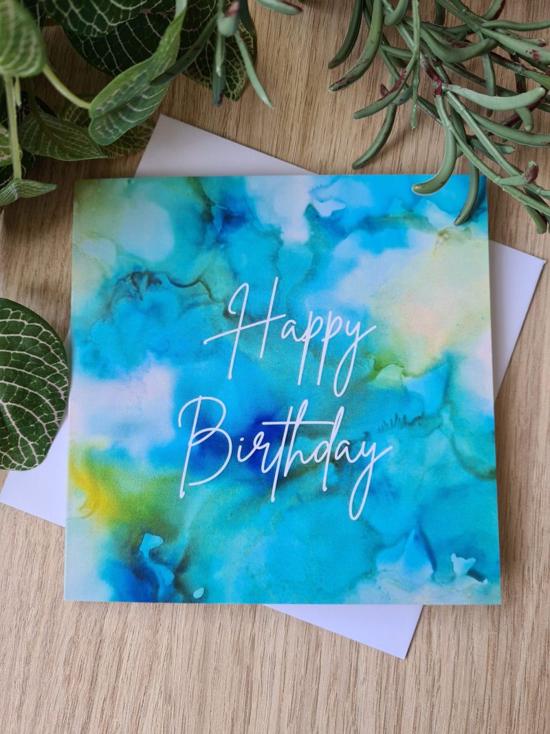 Alcohol ink print birthday card blue green yellow