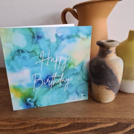 Alcohol ink print birthday card blue green yellow