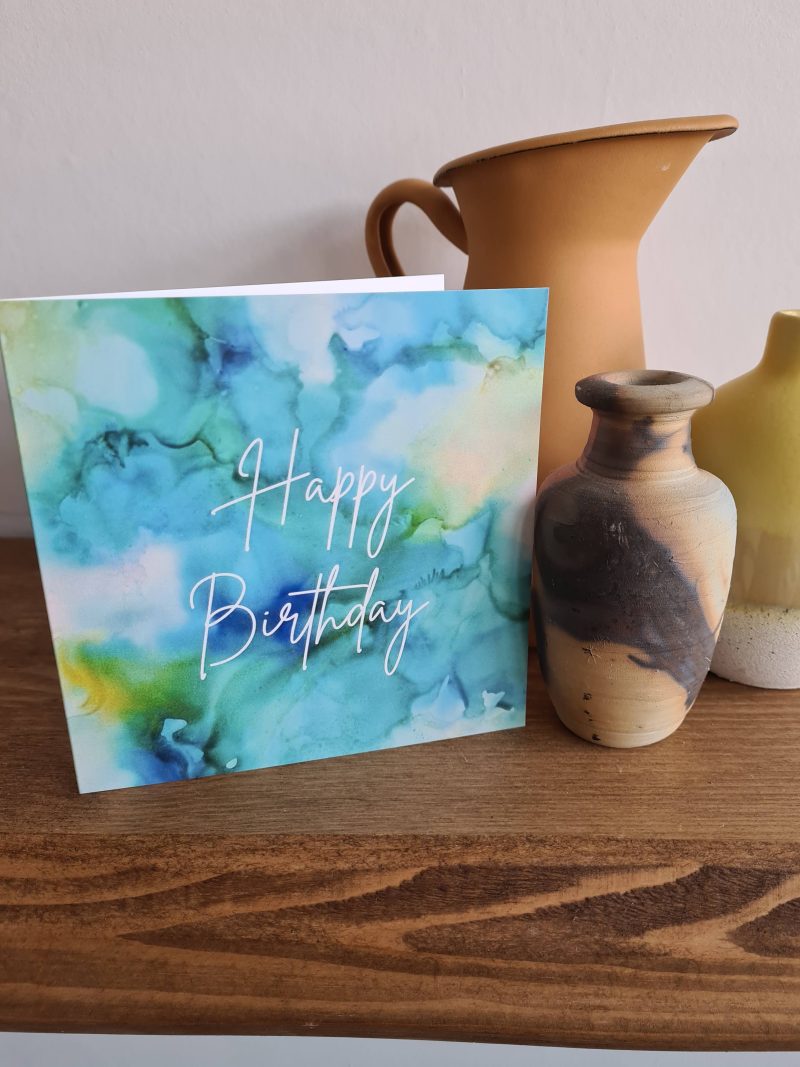 Alcohol ink print birthday card blue green yellow