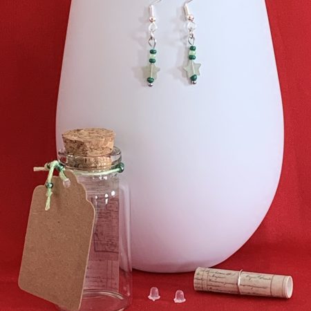 Lovely handmade sterling silver earrings with green stone stars & beads in a bottle with scroll
