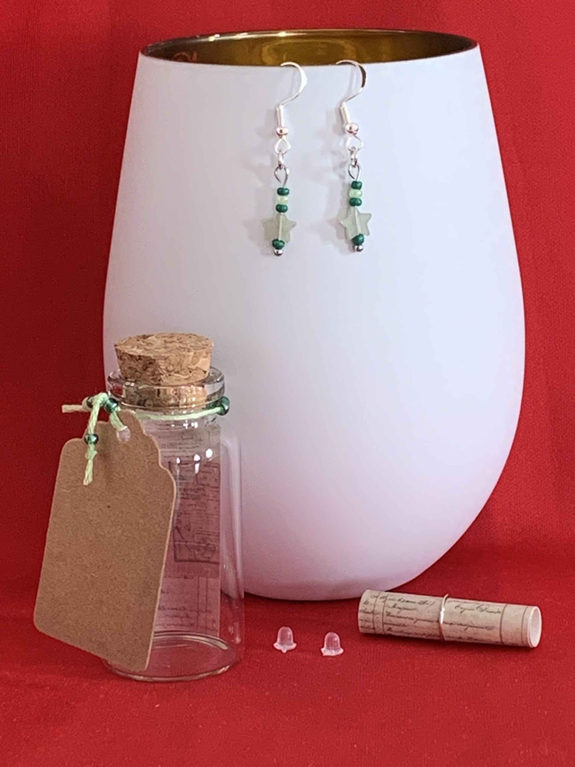 Lovely handmade sterling silver earrings with green stone stars & beads in a bottle with scroll