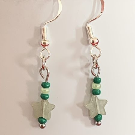 Lovely handmade sterling silver earrings with green stone stars & beads in a bottle with scroll