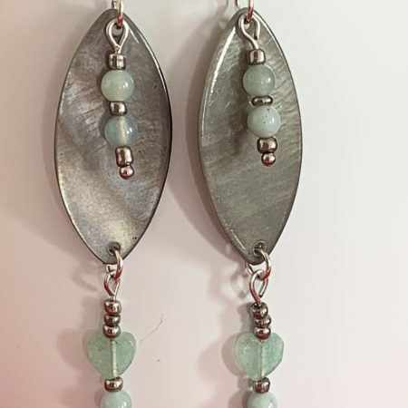 Lovely handmade sterling silver earrings with green stone hearts & beads in a bottle with scroll