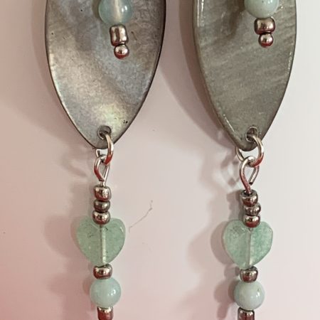 Lovely handmade sterling silver earrings with green stone hearts & beads in a bottle with scroll