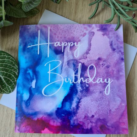 Alcohol ink print birthday card blue pink purple