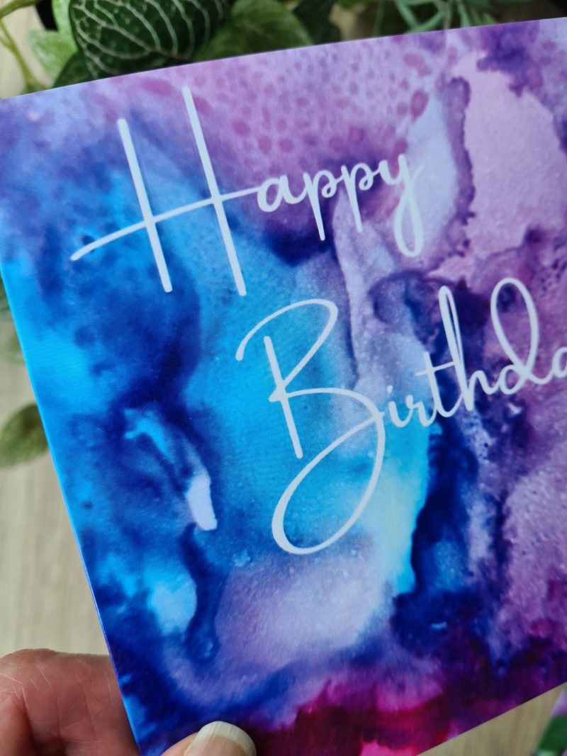 Alcohol ink print birthday card blue pink purple