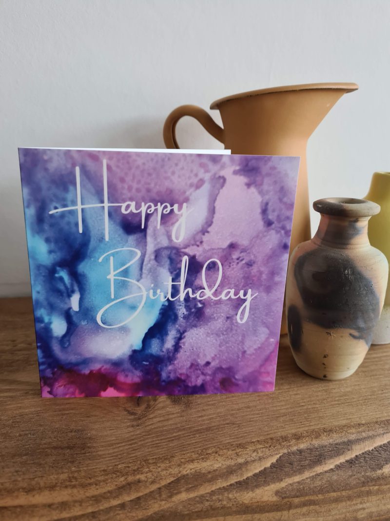 Alcohol ink print birthday card blue pink purple