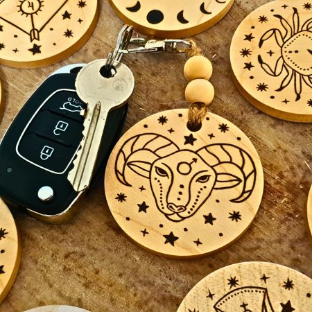 Aries Zodiac Star Wooden Keyring With Metal Clasp And Beads, Double Sided, Pyrography Keyring - Image 3