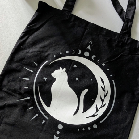 Black Tote Bag with Mystical Cat on Moon with Silver Highlights