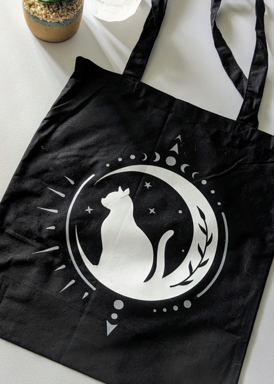 Black Tote Bag with Mystical Cat on Moon with Silver Highlights
