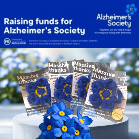 Alzheimer's Society Crocheted forget me knot flower pin