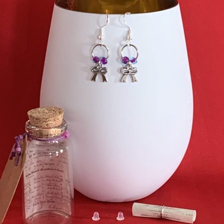 Lovely handmade sterling silver earrings with bows & beads in a bottle with scroll & gift tag