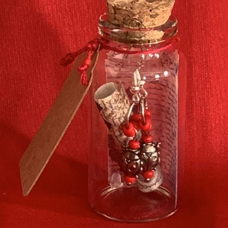 Lovely handmade sterling silver earrings with ladybirds & beads in a bottle with butterfly scroll
