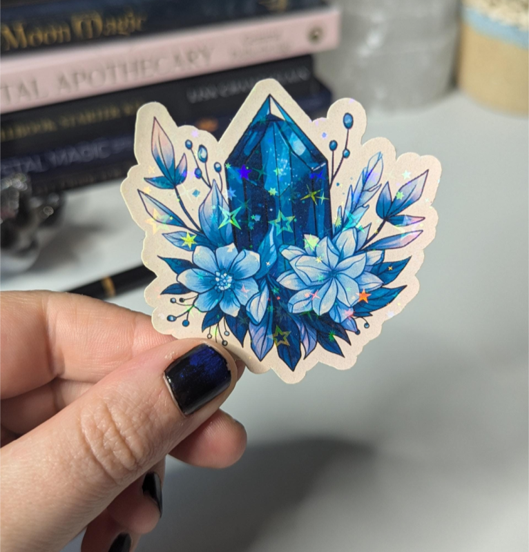 Blue Crystals with Flowers White Sticker with holographic star shine single Mystical