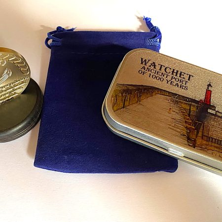 WATCHET Engraved Brass Coin, Leather Keyring, Wood Stand, GIFT Box and Pouch
