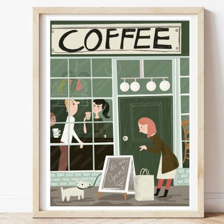 An English Coffee shop with a cute dogbwaiting outside.