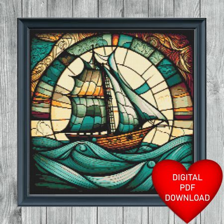Cross Stitch Pattern Ship at Sea Stained Glass Window Art, PDF Download, DMC Floss Threads, Sailing