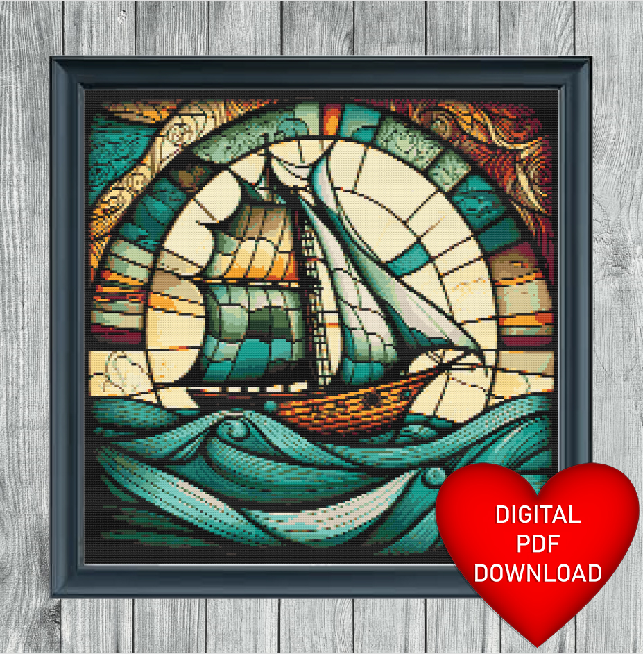 Cross Stitch Pattern Ship at Sea Stained Glass Window Art, PDF Download, DMC Floss Threads, Sailing