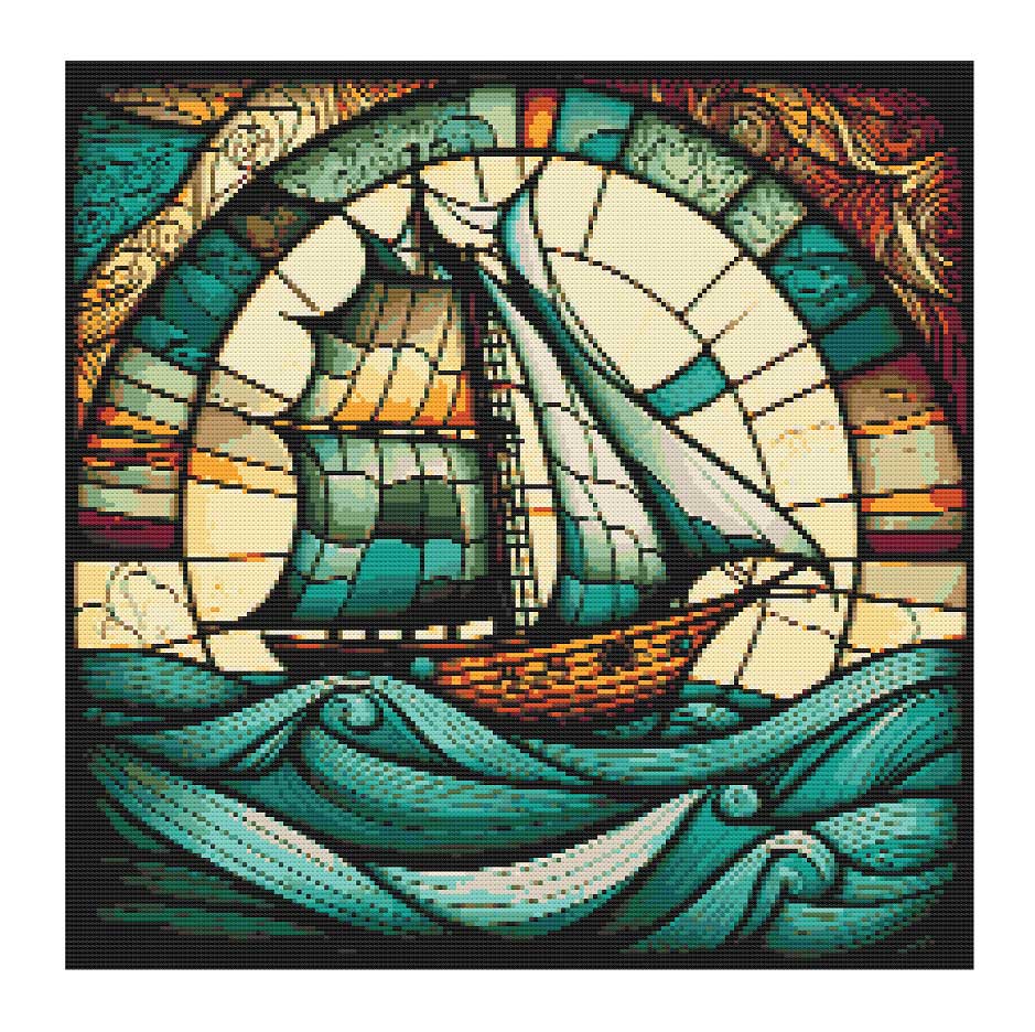 Cross Stitch Pattern Ship at Sea Stained Glass Window Art, PDF Download, DMC Floss Threads, Sailing - Image 3