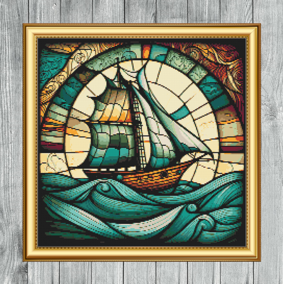 Cross Stitch Pattern Ship at Sea Stained Glass Window Art, PDF Download, DMC Floss Threads, Sailing - Image 4