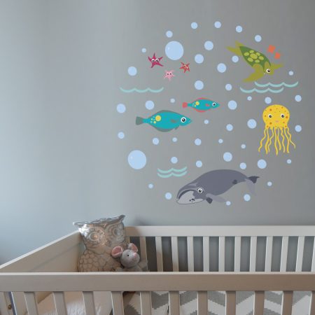 kids room with whale wall decal set, reusable fabric wall stickers