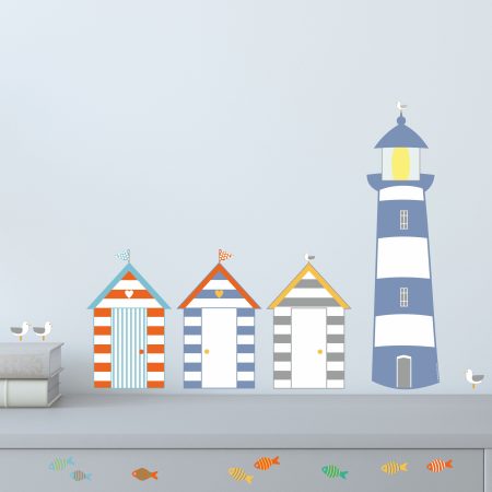 Blue Beach Hut Seaside Themed Fabric Wall Sticker - Reusable