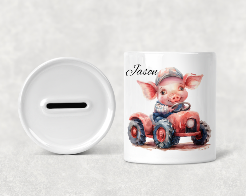 Personalised Pig on Tractor Money Box