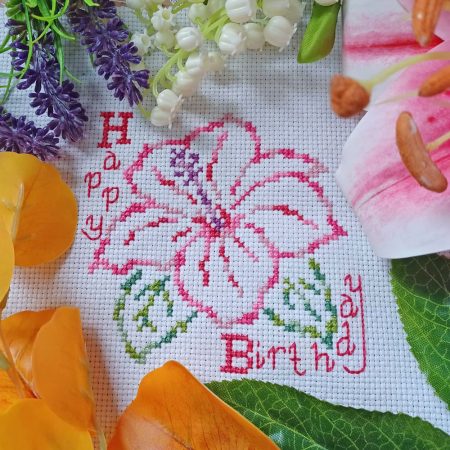 Happy Birthday Hibiscus Flower Cross Stitching Pattern, Instant PDF Download, Card Making