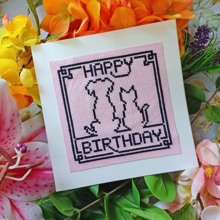 Happy Birthday Cat Dog Black Silhouette Cross Stitch Pattern, Craft Card Making