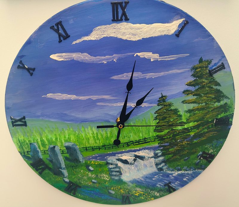 Large Wall Clock, Handmade, Hand Painted, Summdr waterfall and standing stones (Copy)