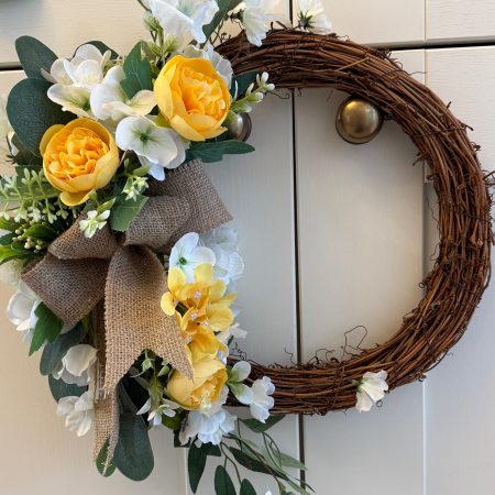 Spring wreath,yellow & white with hessian bow
