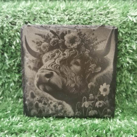 Highland Cow Slate Coaster, Meadow, Flowers, Square 100mm, Cows, Nature
