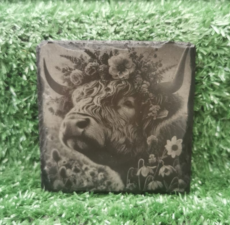 Highland Cow Slate Coaster, Meadow, Flowers, Square 100mm, Cows, Nature