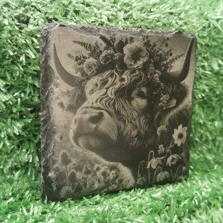 Highland Cow Slate Coaster, Meadow, Flowers, Square 100mm, Cows, Nature