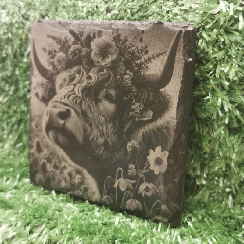 Highland Cow Slate Coaster, Meadow, Flowers, Square 100mm, Cows, Nature