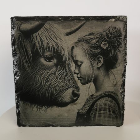 Highland Cow and Girl Slate Coaster, Square 100mm, Cows, Nature